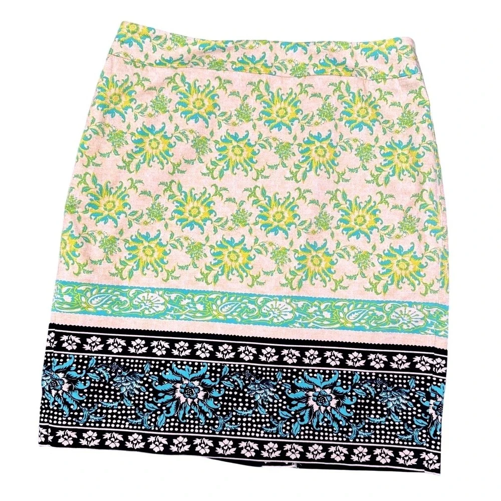 Ann Taylor Petite Floral Border Print Pencil Skirt Blue Green 6P Boho‎ Cotton